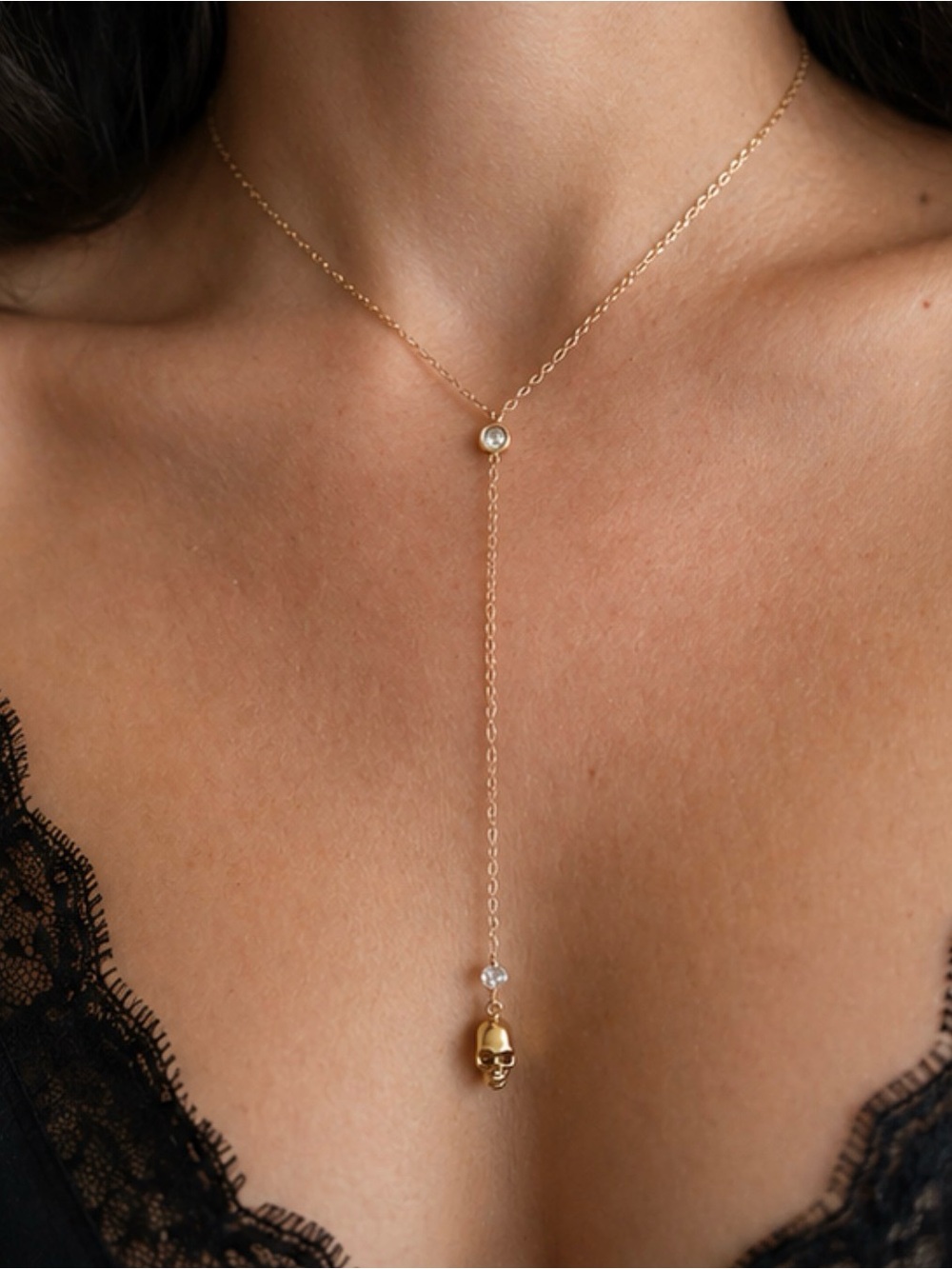 Delicate Gold Lariat Necklace with Skull Charm